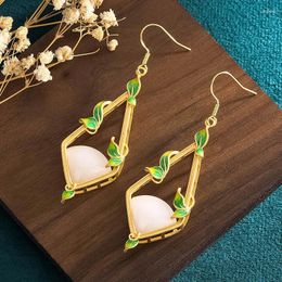 Stud Earrings 2024 Fashion Chinese Imitation Jade Drop For Women Gold Colour Enamel Green Leaf Wedding Party Jewellery