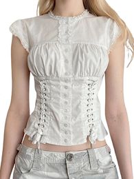 Womens Button Down T-Shirts Cap Sleeve Crew Neck Cross Tie-up Front Lace Trim Tops 240416