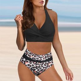 Women's Swimwear Sexy Leopard Print Push Up Bikini Set Ruched Cross Halter V Neck Swimsuit High Waist Beachwear Bathing Suit Summer