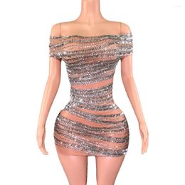 Stage Wear Sparkly Rhinestones Short Dress For Women Sexy Off-shoulder See Through Evening Celebrate Birthday Po Shoot