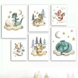 Flying Dragon Boho Clouds Stars Moon Nursery Wall Art Canvas Painting Nordic Posters And Prints Pictures Baby Kids Room Decor 240426