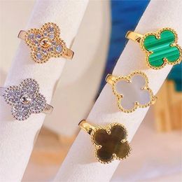 Luxury Clover Ring Designer Jewellery for Women Silver Gold Diamond Crystal Four Leaves green white tigereye slytherin nail anillos finger love Chinese Rings Gift