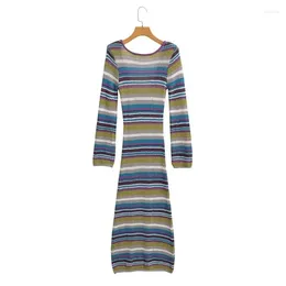 Casual Dresses 2024 Women O-Neck Stripe Knitted Long Sleeve Dress Spring&Autumn Fashion High Street Back Hollow Out