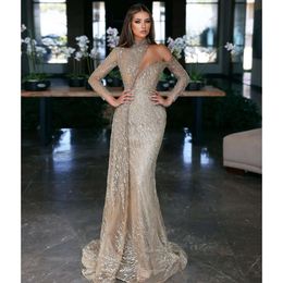 Beading Arabic Neck Luxurious High Mermaid Prom Party Dresses Long Sleeves Lace Custom Made Evening Dress