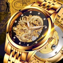 Wristwatches Luxury Gold Skeleton Automatic Watch For Men Luminous Pointers Royal Dragon Mechanical Watches Stainless Steel Strap Male Clock