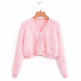 Women's Knits Chic Pink Mohair Knitted Cardigan V-Neck Long Sleeved Beading Short Sweater Spring Autumn Fashion Knitwear Outerwear