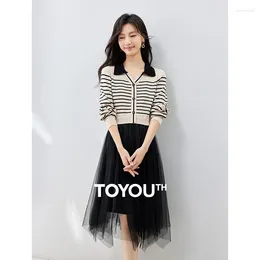 Casual Dresses Toyouth Women Knit Mesh Dress 2024 Autumn Long Sleeve V Neck A-shaped Black Apricot Strips Elegant Fashion Mid-length Skirt