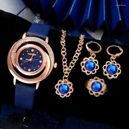 Wristwatches 5PCS Set Fashion Retro Women Blue Jewelry Watches Ladies Dress Leather Band Quartz Watch Womens Casual Simple Wrist