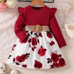17 Years Children Girls Year Dress Red Long Sleeved Flower Skirt for Birthday Wedding Party Wear Fashion Autumn Outfits 240423