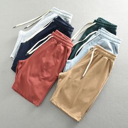 K981# Summer American Retro Knitted Solid Colour Shorts Mens Fashion Loose Elastic Drawstring Sport Casual 5-point Pants 240425