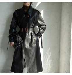 Women's Leather Spring Autumn Oversized Cool Black Long Trench Coat For Women Belt Sleeve Loose European Fashion 2024