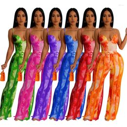 Women's Two Piece Pants Tie Dye Print Tassel Set Women Sexy Padded Spaghetti Straps Bodysuits Top Fringed Loose Flare Wholesale Suits