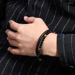 Link Bracelets Natural Volcanic Stone Tiger Eye Handmade Beaded Bracelet Men's Leisure Personality Cowhide Cord Agate Adjustable