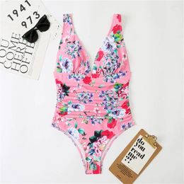 Women's Swimwear Fashion Floral Print Bikini Pleated Swimsuit V-neck Backless Monokini Vacation One-piece Swimming Suit Women Beach Wear