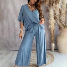 Women's Two Piece Pants Women Suit Outfit Stylish Top Set With Wide Leg Trousers V Neck Bat Sleeve Loose T-shirt High Waist For Casual