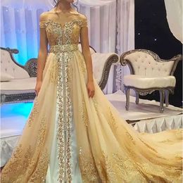Gold Arabic Kaftan Formal Champagne Evening Off Shoulder Appliques Lace Beaded Long Moroccan Caftan Reception Dresses Women Prom Party Gowns