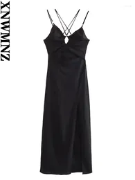Casual Dresses XNWMNZ Women's Fashion 2024 Linen Blended Cut-out Midi Dress Women Vacation Style V-neck Thin Straps Side Split Female