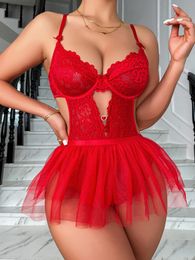 Women's Sleepwear Lace Lingerie Set Women Floral Bow Rhinestone Skinny Bodysuit Erotic Lingerie Set Ball Gown Kit