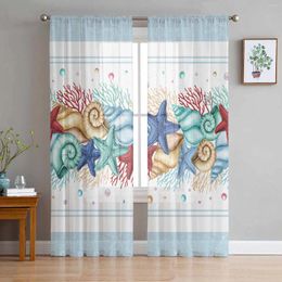 Curtain Summer Ocean Watercolour Starfish Shell Coral Sky Blue Tulle Sheer Window Curtains For Living Room Bedroom Voile Hanging
