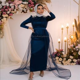 Muslimische Abendkleider mit muslimischen Abendkleidern mit Überwachung Elegant Long Sleeve Mermaid Abayas Gorgeous Prom Kleid Midi formelles Geburtstagskleid Satin Robe de Soiree Vestios Gala