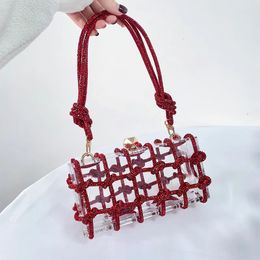 Transparent Acrylic Box Evening Clutch Bags Women Boutique Woven Knotted Rope Rhinestone Handbags Wedding Party Prom Bag 240415