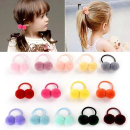 Hair Accessories 14pcs/lot 1.4" Small Solid Double Fur Ball With Elastic Rope Handmade Band For Kids Girls