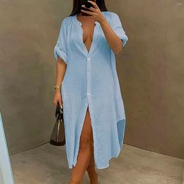 Casual Dresses Summer Long Shirt Dress Women Short Sleeve Cotton Line Button 2024 Female Elegant Solid Colour Loose Vestidos Robe