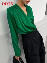 Women's Blouses Sexy White V Neck Ladies Tops 2024 Street Green Pleated Long Sleeve Woman Blouse Spring Polyester Casual Shirt Female