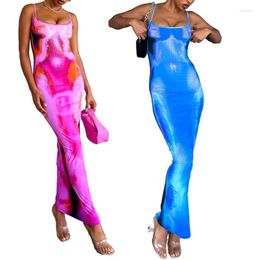 Casual Dresses Women Strappy Sexy Backless Tie Dye Print Bodycon Party Club Maxi Long Dress