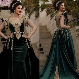 Klänningar Elegant Turkiet Kaftan Evening Hunter Green Veet Formella festklänningar Guldapplikationer Beaded Prom Wear Arabic Dubai Long Special Ocn Dress
