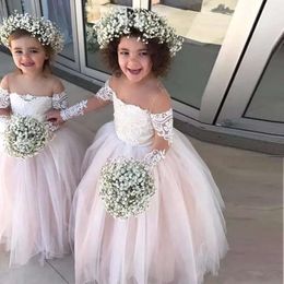 Flower Gown Tulle Princess Ball Girls Sheer Neck Long Sleeves Appliques Lace White Ivory Toddler Wedding Dresses Bc2257