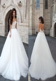 Sexy Sheer NeckSleeve Applique Lace On Top Chapel Train Bridal Wedding Gowns Custom Made Fall Elegant Vintage Wedding Dress3784728