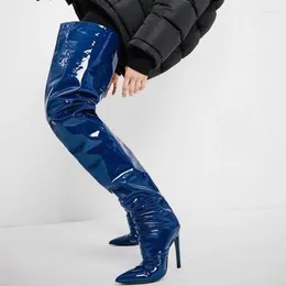 Boots Large Circuit Sexy Pointed Toe Side Zip Blue Mirror Leather Women Thigh High Over Knee Winter Shoes Big Size 47