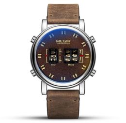 MEGIR Personality Creative Design Roller Mens Watch Classic Leather Strap Atmosphere Frosted Dial Wearproof Mineral Crystal Glass 8542045