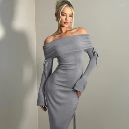 Casual Dresses Off Shoulder Drawstring Ruched Midi Dress Long Sleeve Asymmetrical Bodycon Backless Sexy Party Club