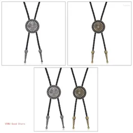 Bow Ties Mens Metal Round Flower Pendant Cowboy Bolo Tie Western Artificial Leather Rope Necktie Jewellery Shirt Chain Necklace