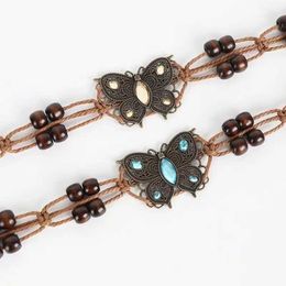 Waist Chain Belts Retro Ethnic Style Woven Waist Chain For Women Bohemian Wooden Bead Butterfly Chain Belt Lady Rope Braid Waist Belt