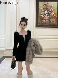 Casual Dresses High End Plush Patchwork Velvet Dress Hepburn Style Sexy Korean Version Black Inner Bottom Wrap Skirt Women's Clothing