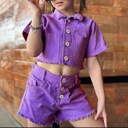 Clothing Sets Fashion Summer Toddler 2pcs Short Clothes Suit For Baby Girls Casual Sleeve Button Denim T-shirt Elastic Jeans Shorts Set