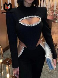 Casual Dresses LUXE&ENVY Sexy Women's Slim Long Sleeve Irregular Colour Matching Diamond Bandage Dress 2024 Autumn
