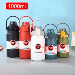 Water Bottles 1000ml Large Capacity Stainless Steel Thermo Bottle With Straw Outdoor Travel Thermal Sports Insulated Cup Kids