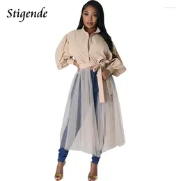 Casual Dresses Stigende Women High Split Loose Mesh Patchwork Dress Button Up Bandage Shirt Fit And Flare Lantern Sleeve Cover