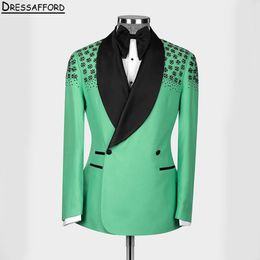 Mint Green Two Pieces Men Suits Black Beading Crystal Evening Party Blazer Groom Wear ( Jacket + Pants )