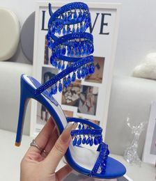 Blue stiletto sandals luxury designer Rene Caovilla light Pendant crystal rhinestone wrapped foot ring shoes Top quality 95CM Hig4031643