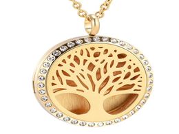 IJP0366 Stainless Steel Inlay Crystal Round Tree Aromatherapy Essential Oils Diffuser Perfume 12 Pads Pendant Necklace Jewelry3754966