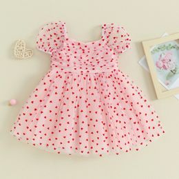 Citgeett Summer Valentines Day Childrens Baby Girl Dress Mini Puff Sleeves Heart shaped Printed sheer Dress Cute Princess Dress Little Pig Dress 240424