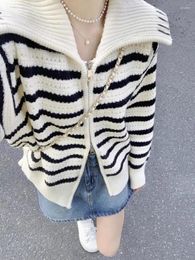 Women's Knits Black White Striped Long Sleeve Knitted Cardigan Coats Women Y2k Vintage Sweater Sueter Mujer Preppy Style Double Zippers