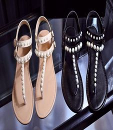 high quality U572 GENUINE LEATHER PEARL T STRAP FLAT SANDALS C black beige casual beach fashion women3441044