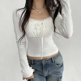 Korean White Lace Patched Female T-shirt Slim Basic Sweet Folds Autumn Tee Cute Top Coquette Clothes Front Tie-Up Y2K 240416