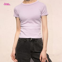 Women's T Shirts Vintage Solid Slim Cotton T-shirt Women 2024 Summer Round Neck Short Sleeve Tee Shirt Tops Female Simple Casual Crop Top